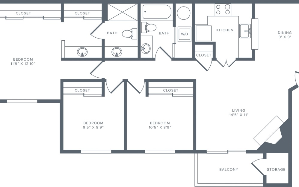 BC1R Renovated - 3 bedroom floorplan layout with 2 bathrooms and 1100 square feet